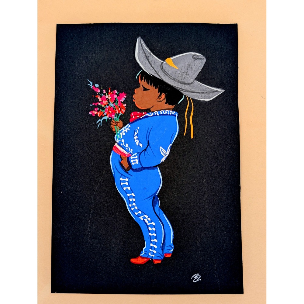 Vintage Luis Betanzos Signed Mexican Velvet Painting - Boy in Blue Charro Suit